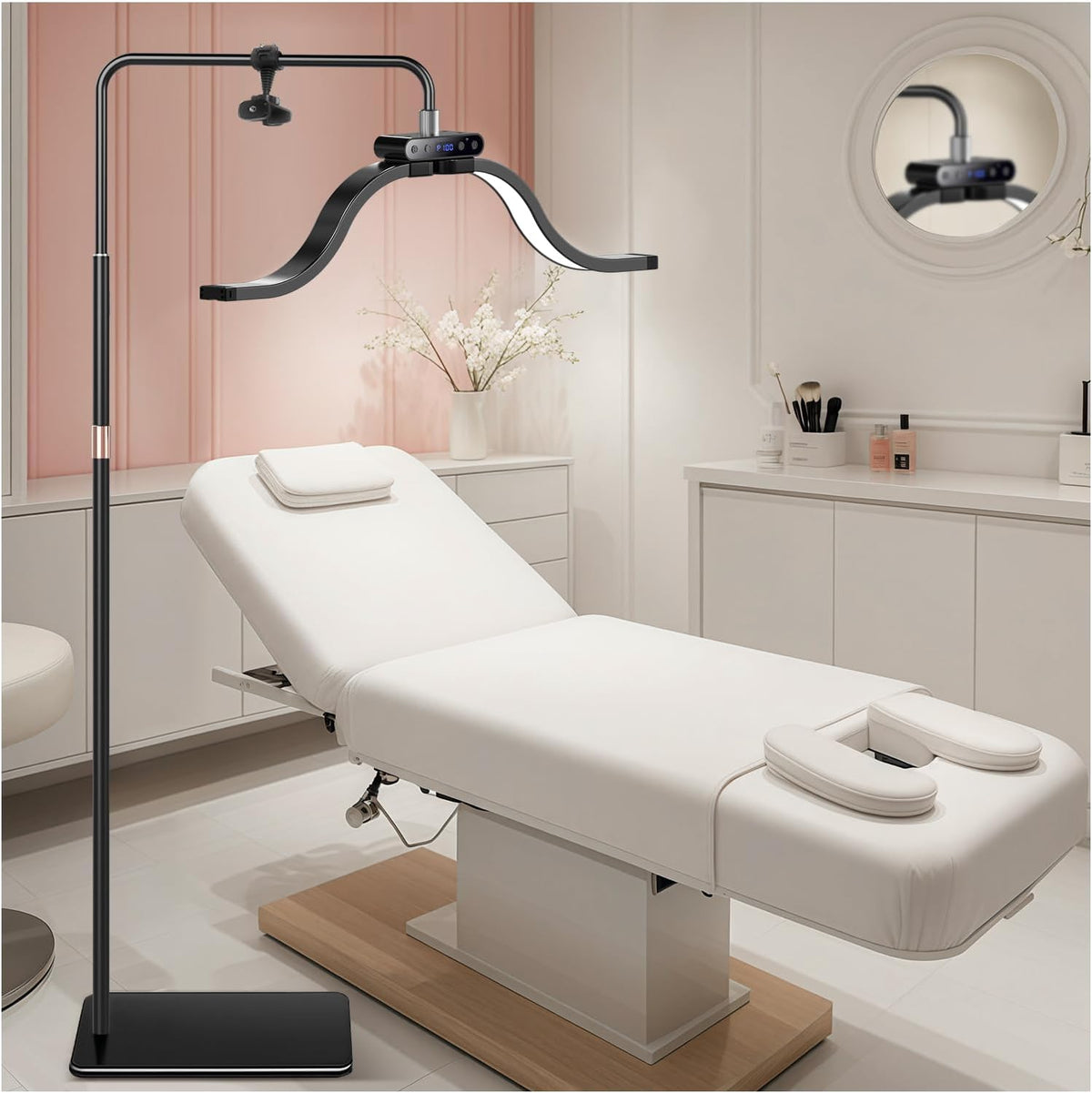 Lash Light for Eyelash Tech-Esthetician Ring Light, Half Moon Light for Led Lash Lamp Extensions, Tattoo Artists, Nail Tech - Cool, Warm Lamp with Adjustable Brightness & Height, Phone Holder (Black)