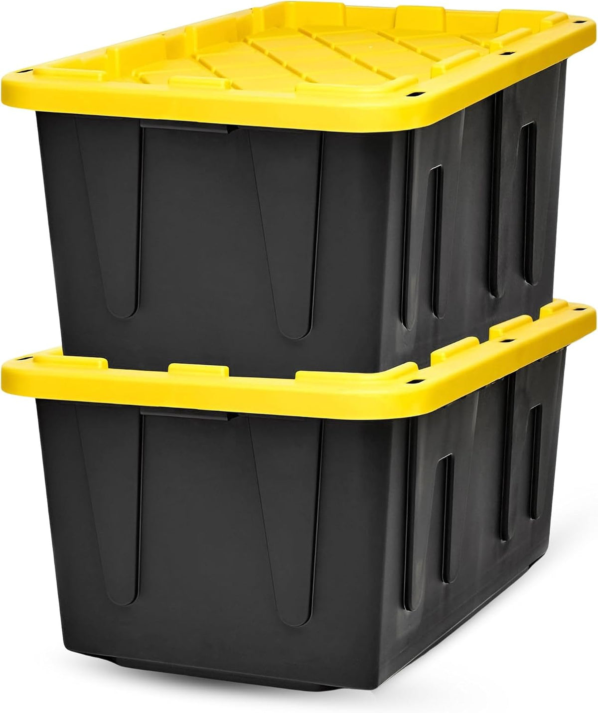 HOMZ Durabilt Plastic Storage Bins with Lids, 27 Gal, Black/Yellow, 2 Pack