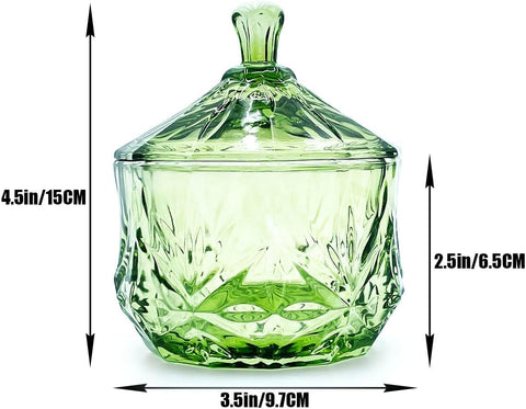 8oz Glass Candy Dish with Lid,Small Crystal Chrismas Candy Jar,Cotton Round Holder,Office,Bathroom,Dining Room Organizer(Olive Green)