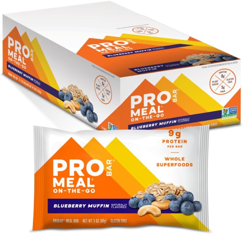 PROBAR MEAL Bar – Plant Based Meal Replacement Bar with Whole Food Ingredients, Oats, Nuts & Seeds, Vegan, Gluten Free, Non-GMO Nutrition Bar for Breakfast, Travel & On-the-Go Energy (Blueberry Muffin, 12 Count)
