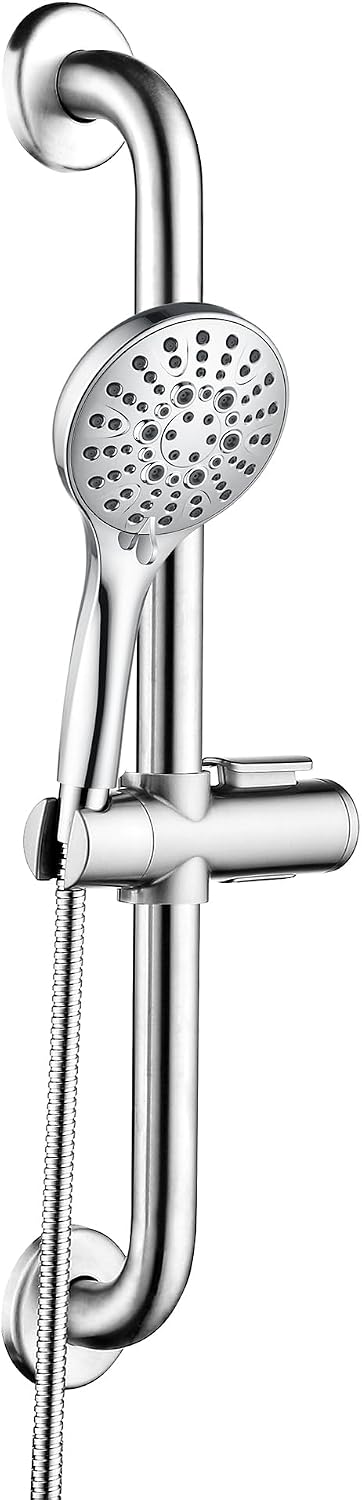 BRIGHT SHOWERS Stainless Steel Grab Bar Set – Includes Handheld Shower Head with Extra Long Hose, Shower Head and Hose Chrome Plated