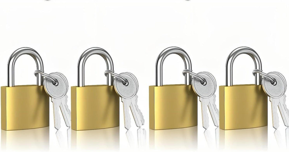 XFJSAK 4 Pcs Small Keyed Padlocks, 32mm, Gold, Compact, D Shape, Hardened Alloy, Securing Luggage, Gym Lockers