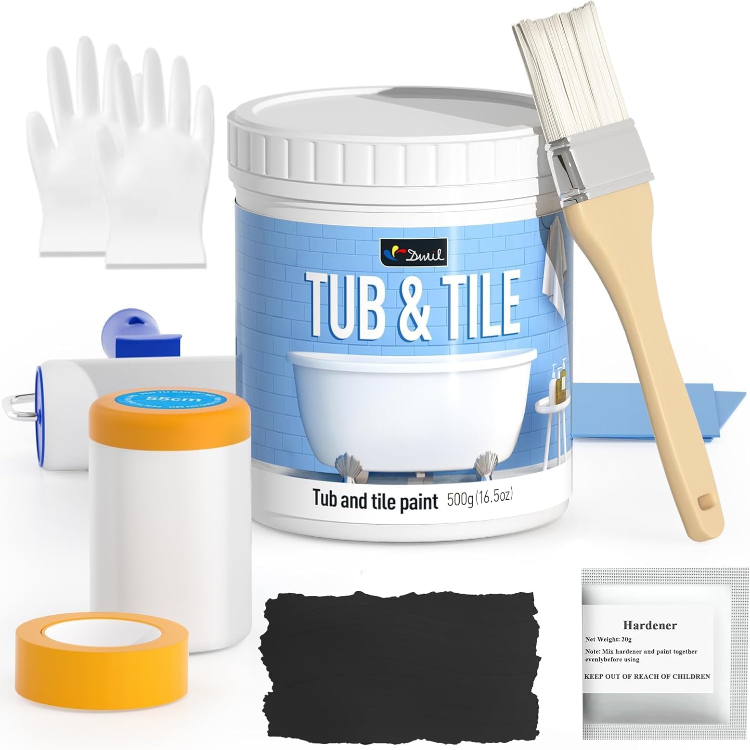 DWIL Tile Paint, Tub and Tile Refinishing Kit with Tools, Bathtub Paint Water Based &Low Odor, Easy to Use for Bathroom Kitchen, Semi-Gloss Black, 25-30sq.ft