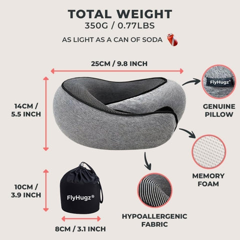 FlyHugz® Neck Travel Pillow Memory Foam Neck Pillow, Gray