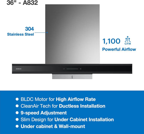 ROBAM Wall Mount Range Hood 36" A832, 1100 CFM with 9-Speed Slide & Touch Control, Ductless/Ducted Convertible Kitchen Hood, Delay Shutoff and Oil Separation with the Charcoal Filter