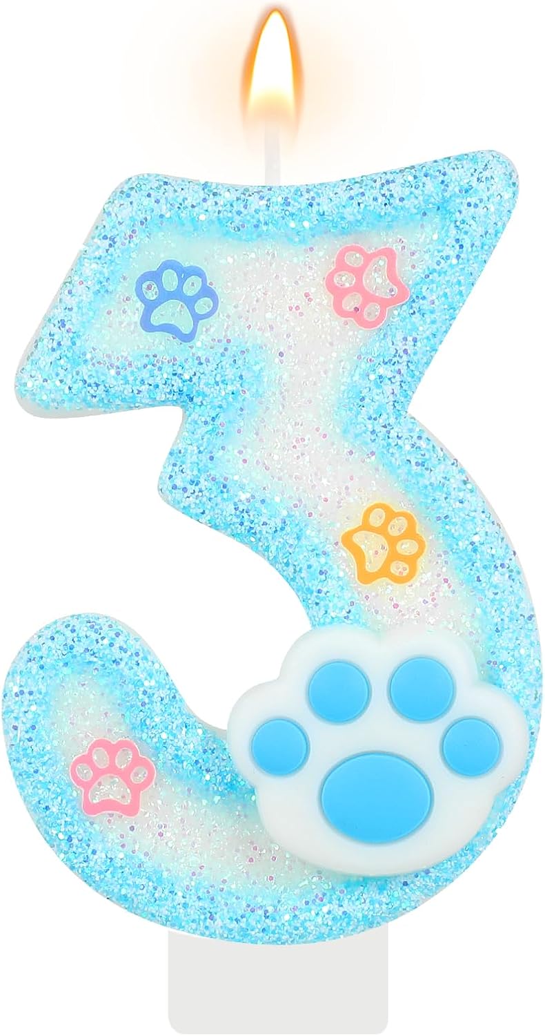 AKURIEEY Dog and Cat 3rd Birthday Candle Blue Paw Numbers 3 Candle