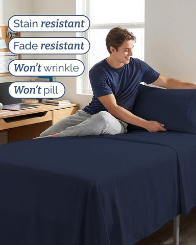 Twin XL 3 Piece Sheet Set - College Dorm Room Essentials - Navy Blue