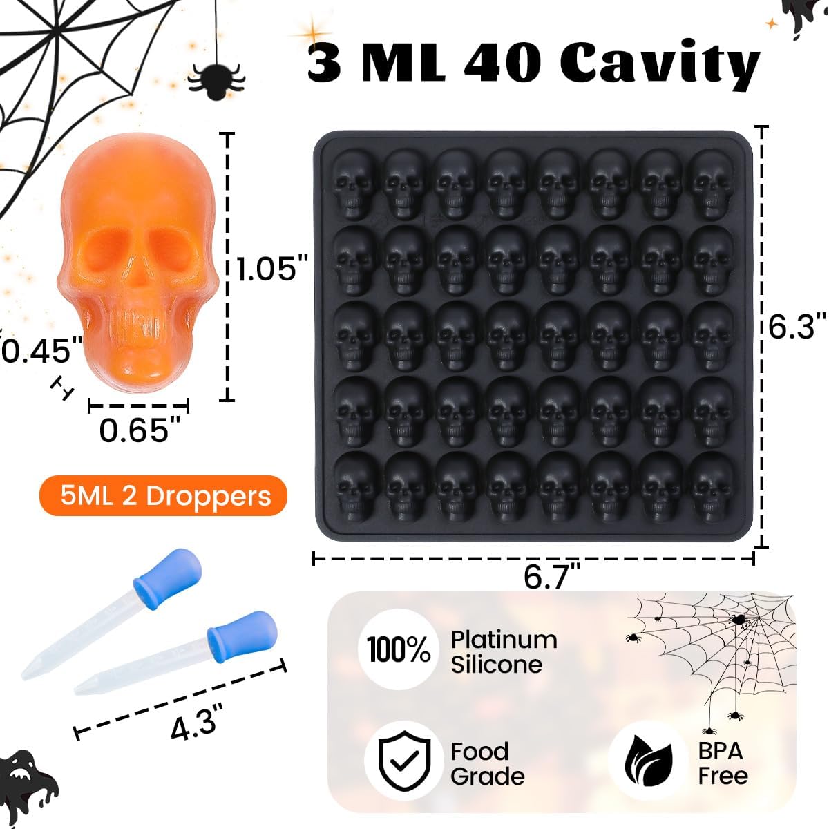 Skull Silicone Molds, Halloween Gummy Chocolate Molds 2 Pcs Mini Skull Mold