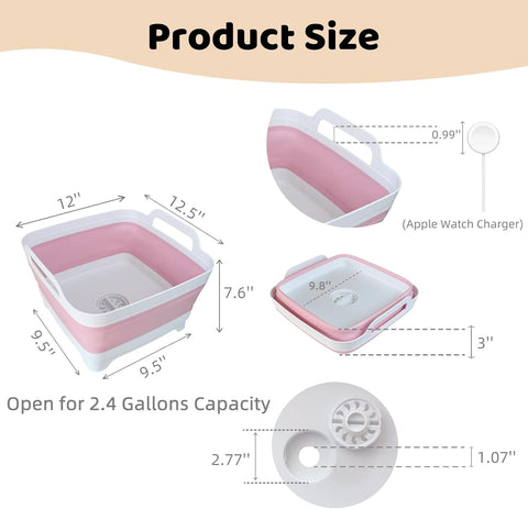 GIMWA 2.4Gal Collapsible Dish Basin with Drain Plug, Baby Bottle Wash Basin
