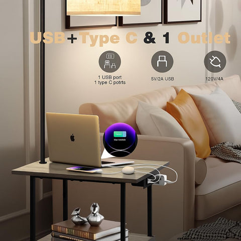 PESRAE Floor Lamp with Table, End Tables with Charging Station