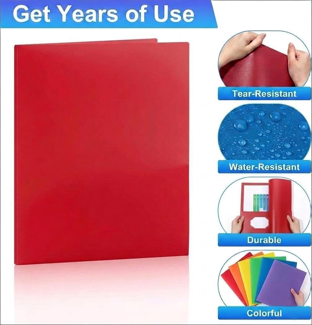 6 Pack Plastic Folders with Pockets and Prongs, 2 Pocket Folders with Fasteners, Heavy Duty Poly Folders with Brads for 3 Hole Punched Paper, File Folders for School Office Home Organization