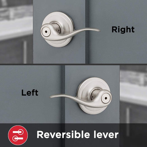 Kwikset Tustin Interior Privacy Door Handle with Lock, Door Lever For Bathroom and Bedroom, Satin Nickel Reversible Keyless Turn Lock, with Microban Protection