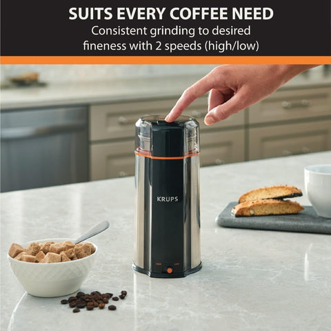 Krups, Coffee Grinder, Ultimate Silent Vortex Plastic and Stainless Steel Grinder with Removable Bowl Mess-Free, 8 Times Quieter, 2 Speeds 240 Watts, Dry Herbs, Dishwasher Safe, 12 cups ground Silver