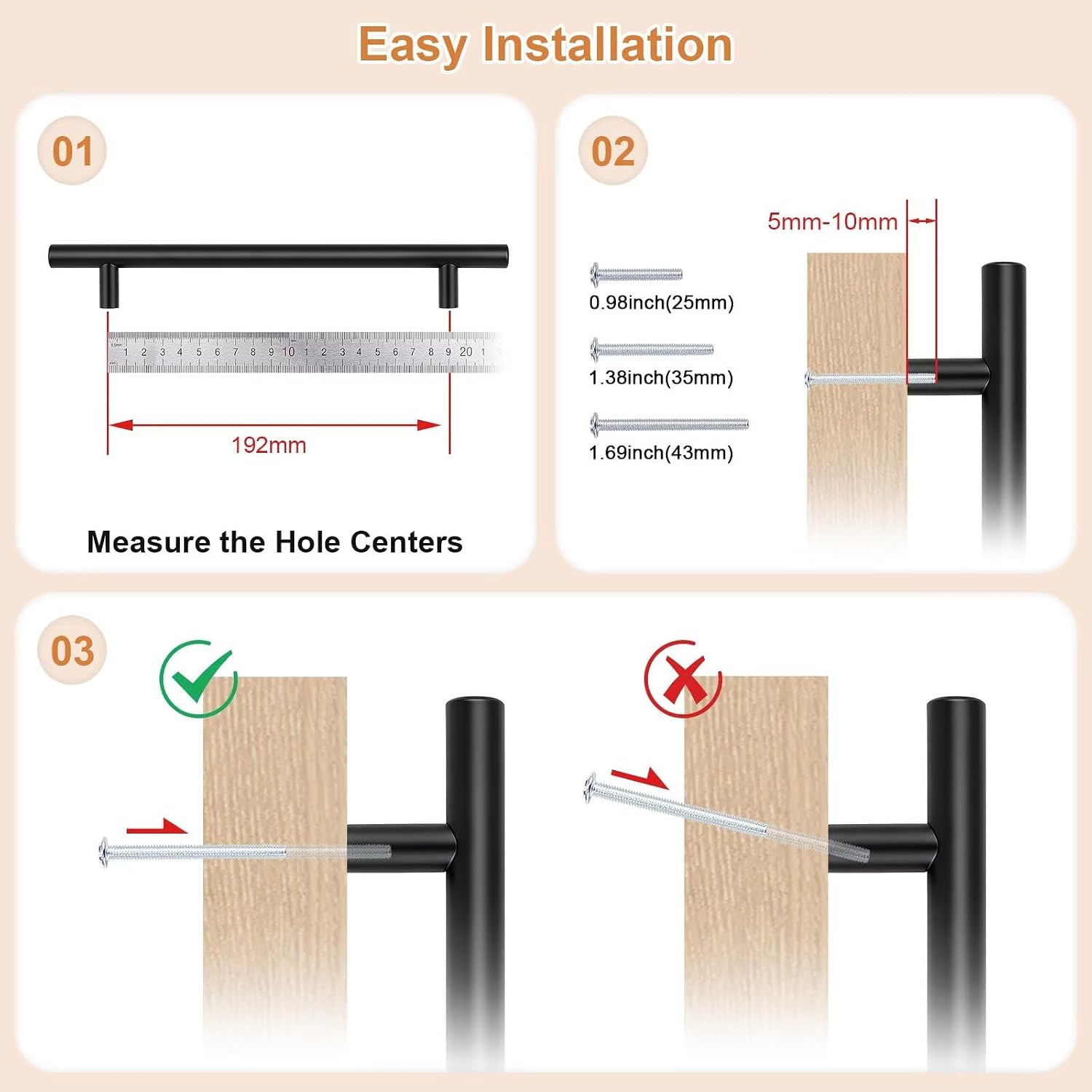Probrico 25 Pack Holes Centers 7.5Inch(192mm) Black Kitchen Cabinet Pulls,Stainless Steel Dresser Drawer Handles,10inch Length Classic Pull Handle for Cabinets