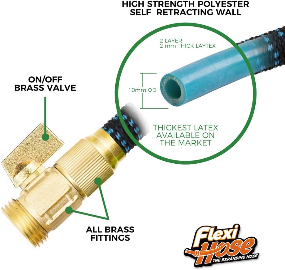 Flexi Hose Expandable Garden Hose with 8 Function Nozzle, 50FT - Lightweight Retractable Garden Hose, Water Hose - No-Kink Flexibility, 3/4 Inch Solid Brass Fittings and Double Latex Core