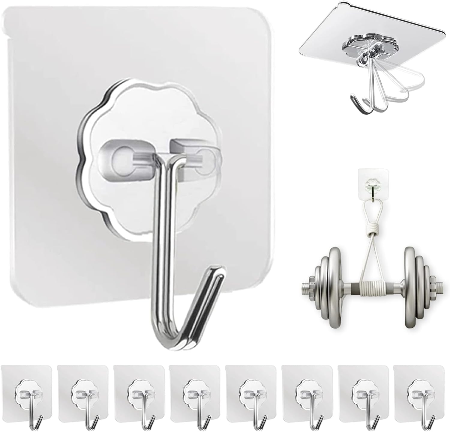 DDMY Adhesive Wall Hooks Clear 50lb(Max) Heavy Duty Hanging Sticky-10 Pack