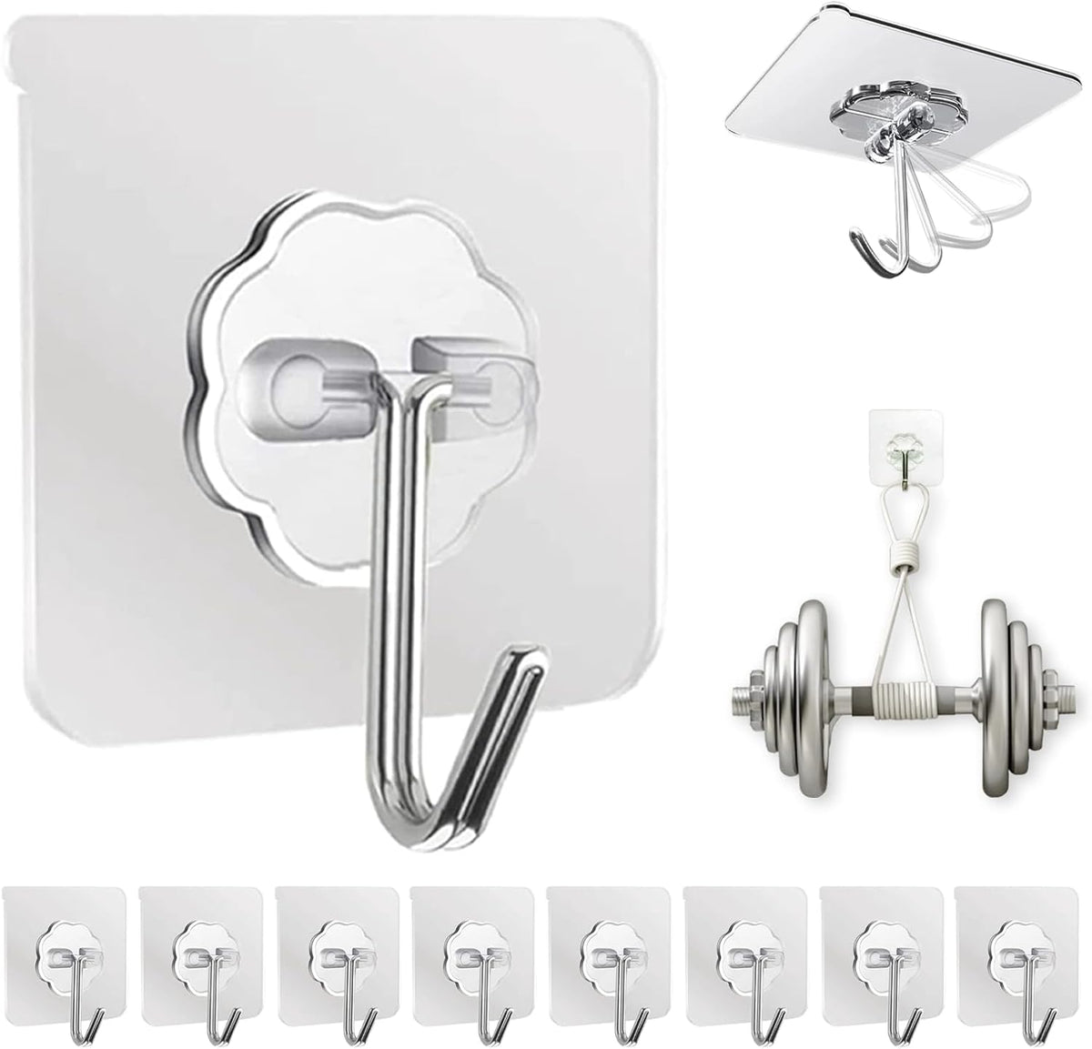 DDMY Adhesive Wall Hooks Clear 50lb(Max) Heavy Duty Hanging Sticky-10 Pack