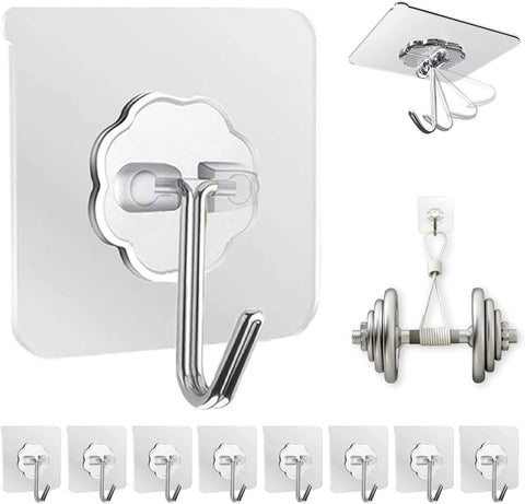 DDMY Adhesive Wall Hooks Clear 50lb(Max) Heavy Duty Hanging Sticky-10 Pack