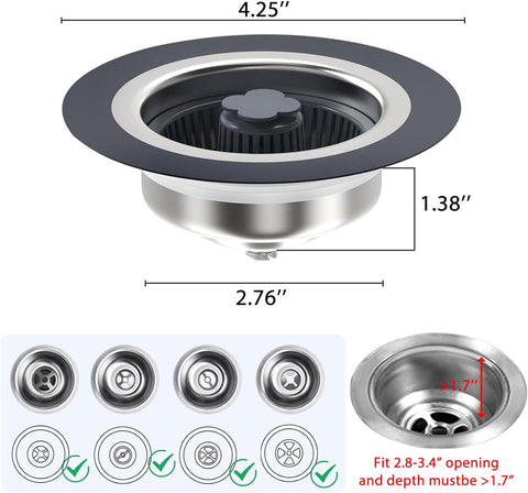 3 in 1 Kitchen Sink Drain Strainer and Stopper Combo,Stainless Steel