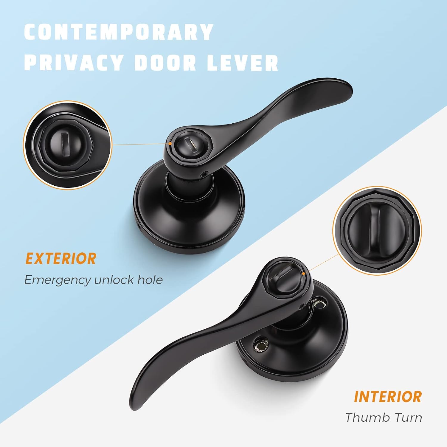 KNOBWELL 2 Pack Matte Black Door Lever Privacy Door Knobs, Black Interior Door Handles for Bathroom/Bedroom, Wave Style Reversible for Right/Left