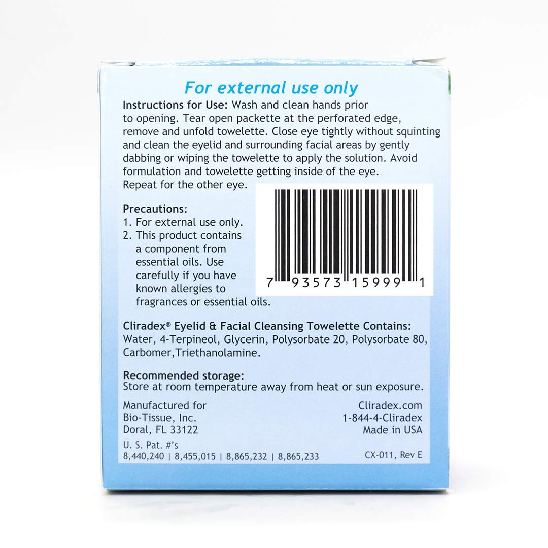 Cliradex Towelettes - Natural Face, Eyelash & Eyelid Cleanser - Wipes for Demodex, Blepharitis, Mgd and Red Irritated Eye Lid - Tea Tree Oil Extract.