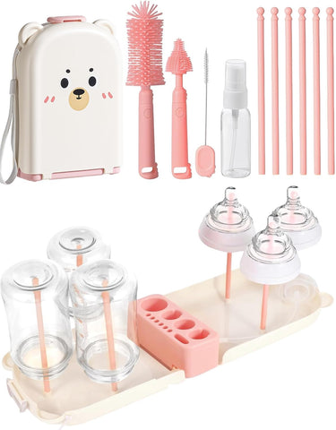 Travel Bottle Cleaner kit, 7in1 Baby Travel Gear Essential Silicone Travel Bottle Brush Set Nipple Drying Rack, Straw Breast Pump Cleaning Soap Dispenser Organizer Case Mon Gift (Pink)