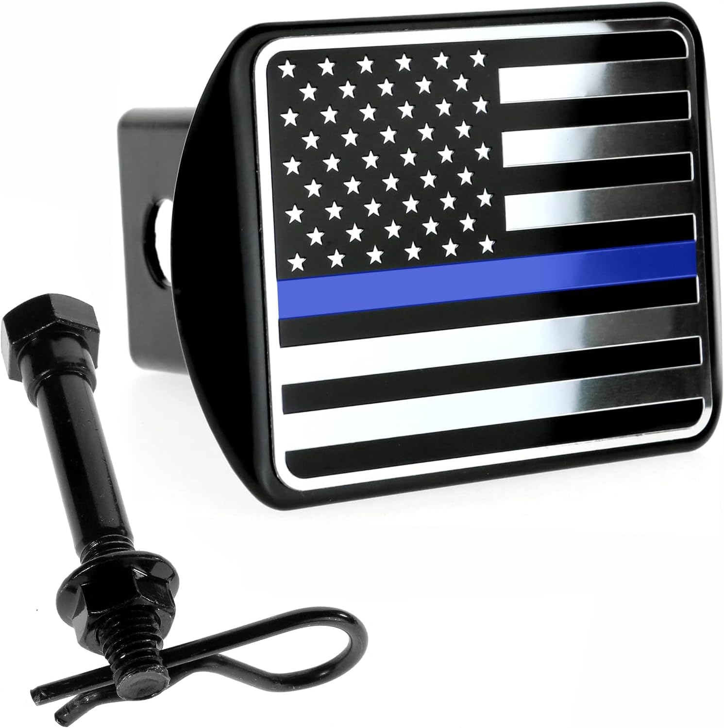 USA American Flag Metal Hitch Cover (Fits 2" Receivers, Black & Chrome with Thin Blue line)