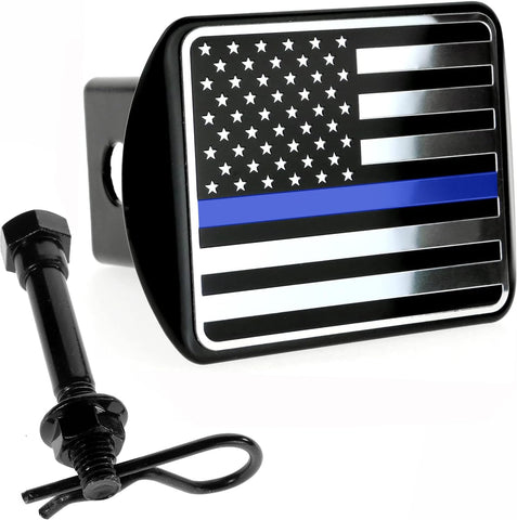 USA American Flag Metal Hitch Cover (Fits 2" Receivers, Black & Chrome with Thin Blue line)