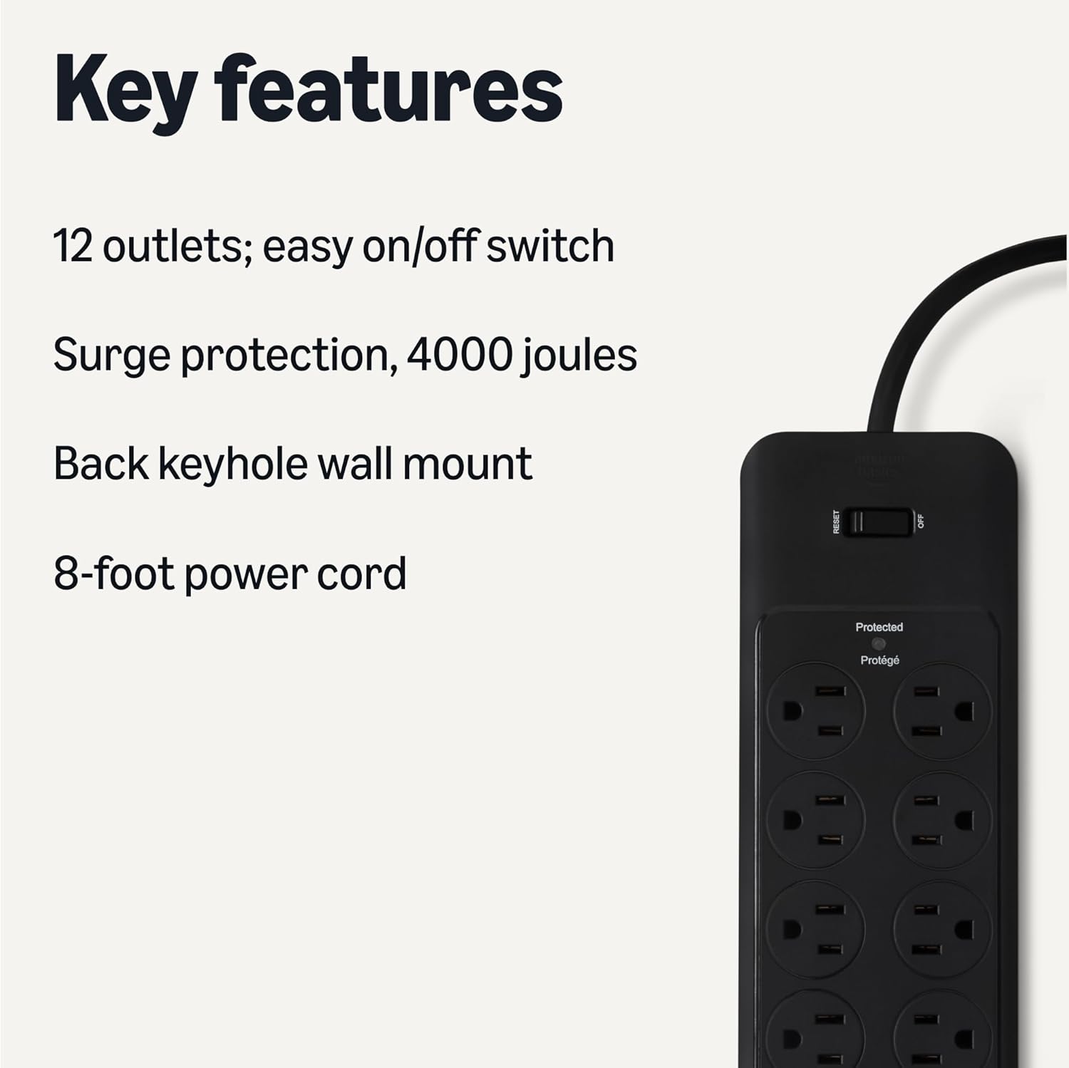 Amazon Basics 12-Outlet Surge Protector Power Strip, 4000 Joules, 8ft Extension Cord, Rectangle, for Home, Office, Gaming Room, Black