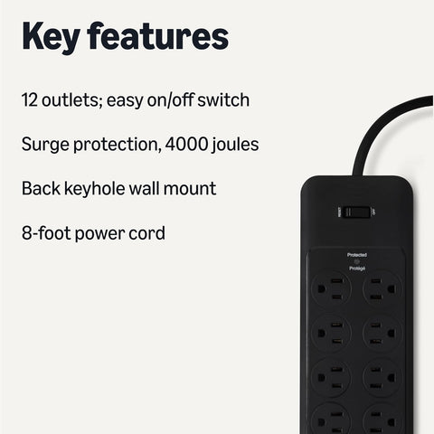 Amazon Basics 12-Outlet Surge Protector Power Strip, 4000 Joules, 8ft Extension Cord, Rectangle, for Home, Office, Gaming Room, Black