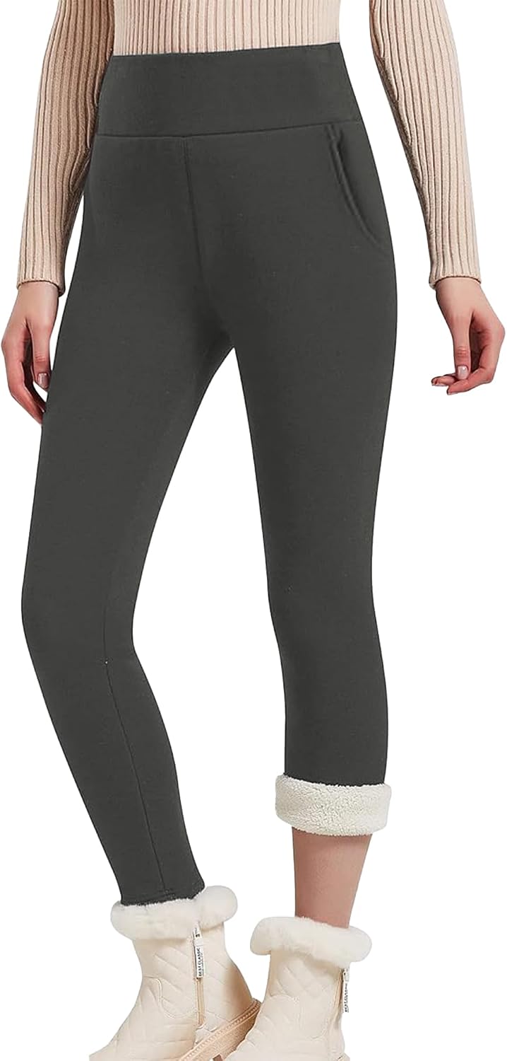 Hixiaohe Casual Sherpa Fleece Lined Leggings Women Winter Warm Pants High Waisted Stretchy Thick Thermal Tights Cold Weather