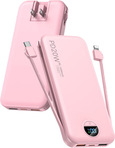 citicr Portable Charger 10000mAh PD20W w/Built-in Cables & Wall Plug Pink