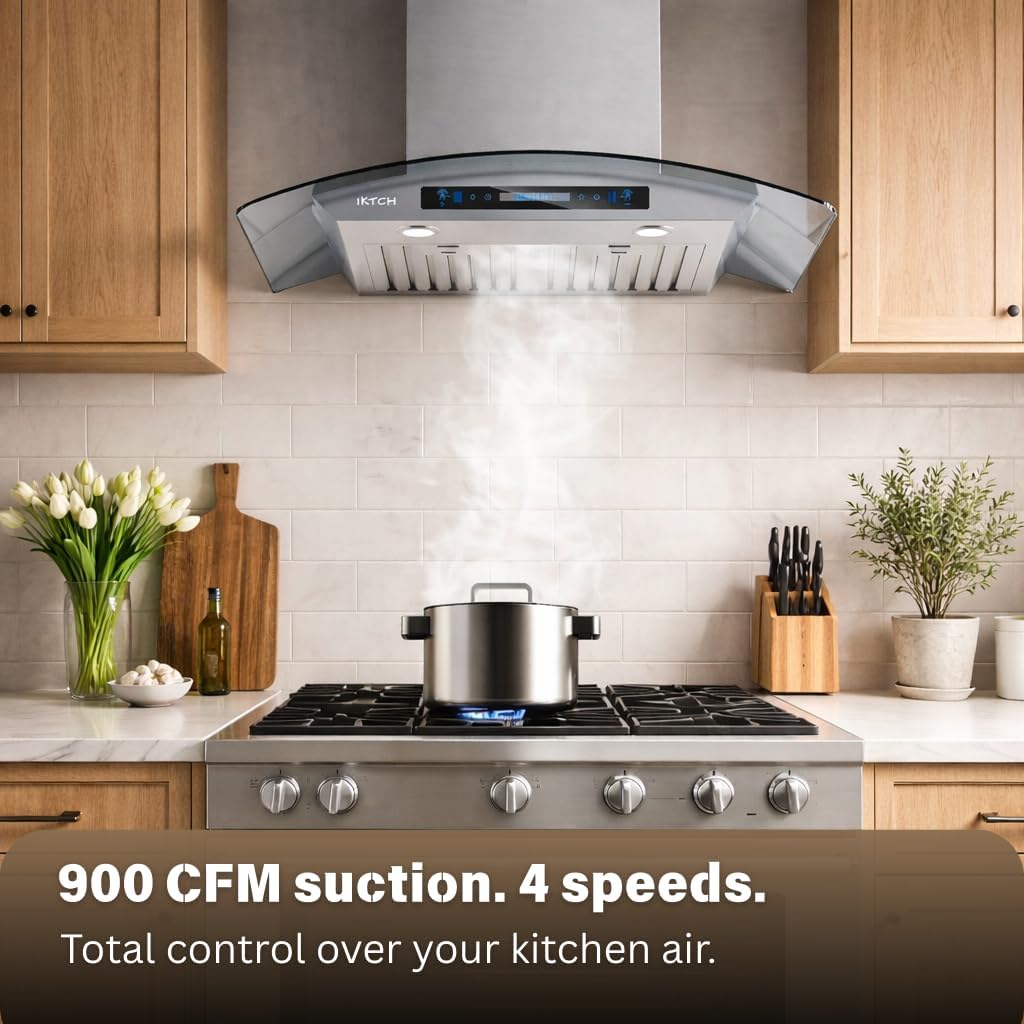 IKTCH 36-inch Wall Mount Range Hood Tempered Glass 900 CFM, Kitchen Chimney Vent Stainless Steel with Gesture Sensing & Touch Control Switch Panel, 2 Pcs Adjustable Lights(IKP03-36)