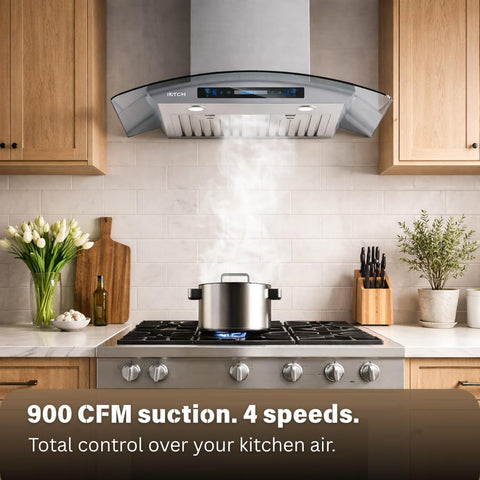 IKTCH 36-inch Wall Mount Range Hood Tempered Glass 900 CFM, Kitchen Chimney Vent Stainless Steel with Gesture Sensing & Touch Control Switch Panel, 2 Pcs Adjustable Lights(IKP03-36)