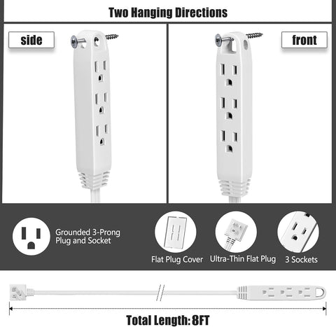 CABOCASA 2 Pack 8FT Ultra Flat Plug Extension Cord, 3 Outlets, White