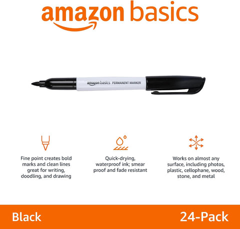 Amazon Basics Fine Tip Permanent Markers for Writing, Drawing, Quick Drying, Office, School, and Home Use, Black, 24 Pack
