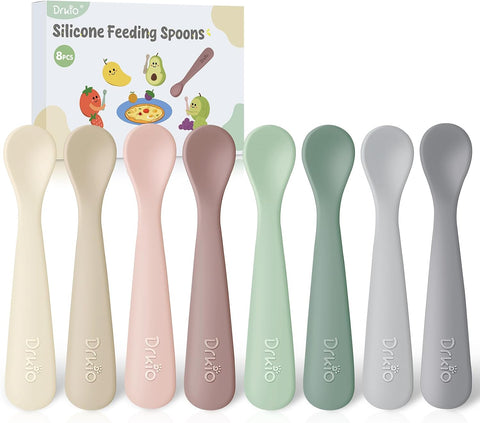 DRKIO 8 Pcs Silicone Baby Spoons Infant Utensils for First Stage Feeding