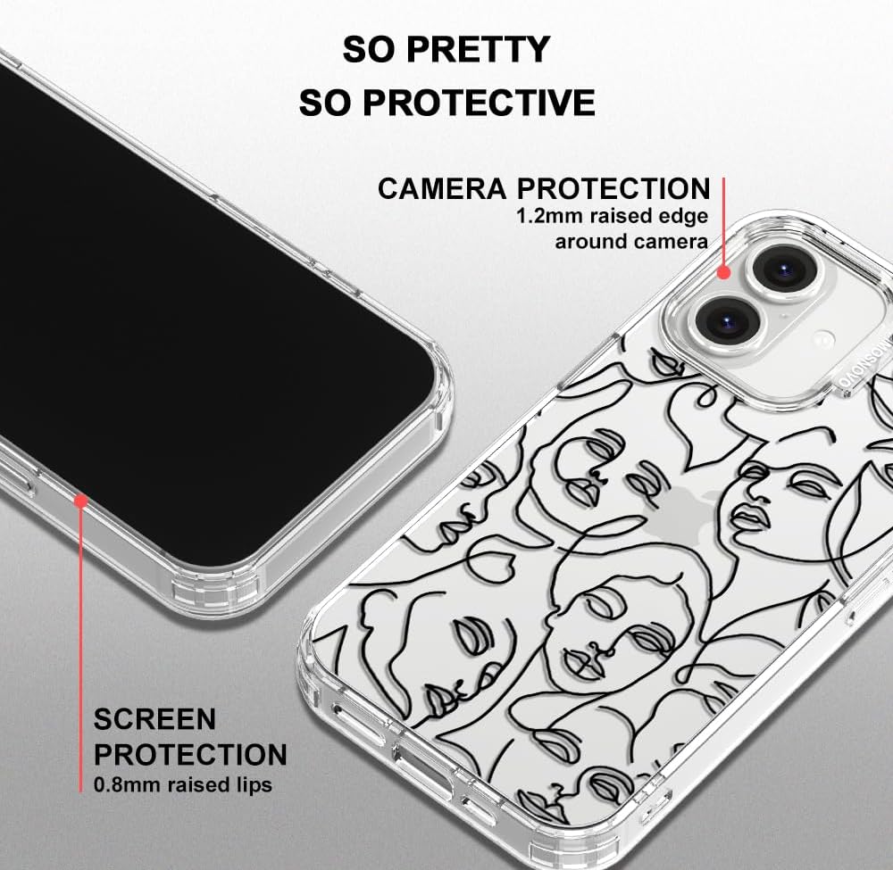MOSNOVO Case for iPhone 16 Plus, [Buffertech 6.6ft Military-Grade Drop Protection] [Anti Peel Off Tech] Clear TPU Bumper Phone Case Cover Design - Abstract Face Line Art