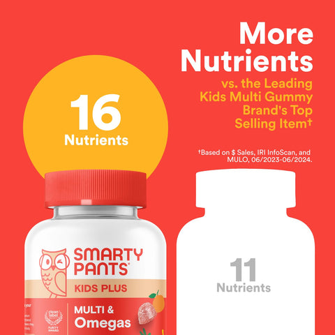 SmartyPants Kids Multivitamin Gummies - Improved Formula: Omega 3 (DHA/EPA), Vitamins D3, C, B12, B6, Vitamin A, K & Zinc, Gluten Free, Three Fruit Flavors, 60 Count (30 Day Supply)