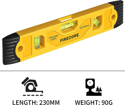 Firecore 2pcs Magnetic Torpedo Level, 9-Inch Shockproof Toolbox Level with 3 Bubble Spirit Level 45 90 180 Degree
