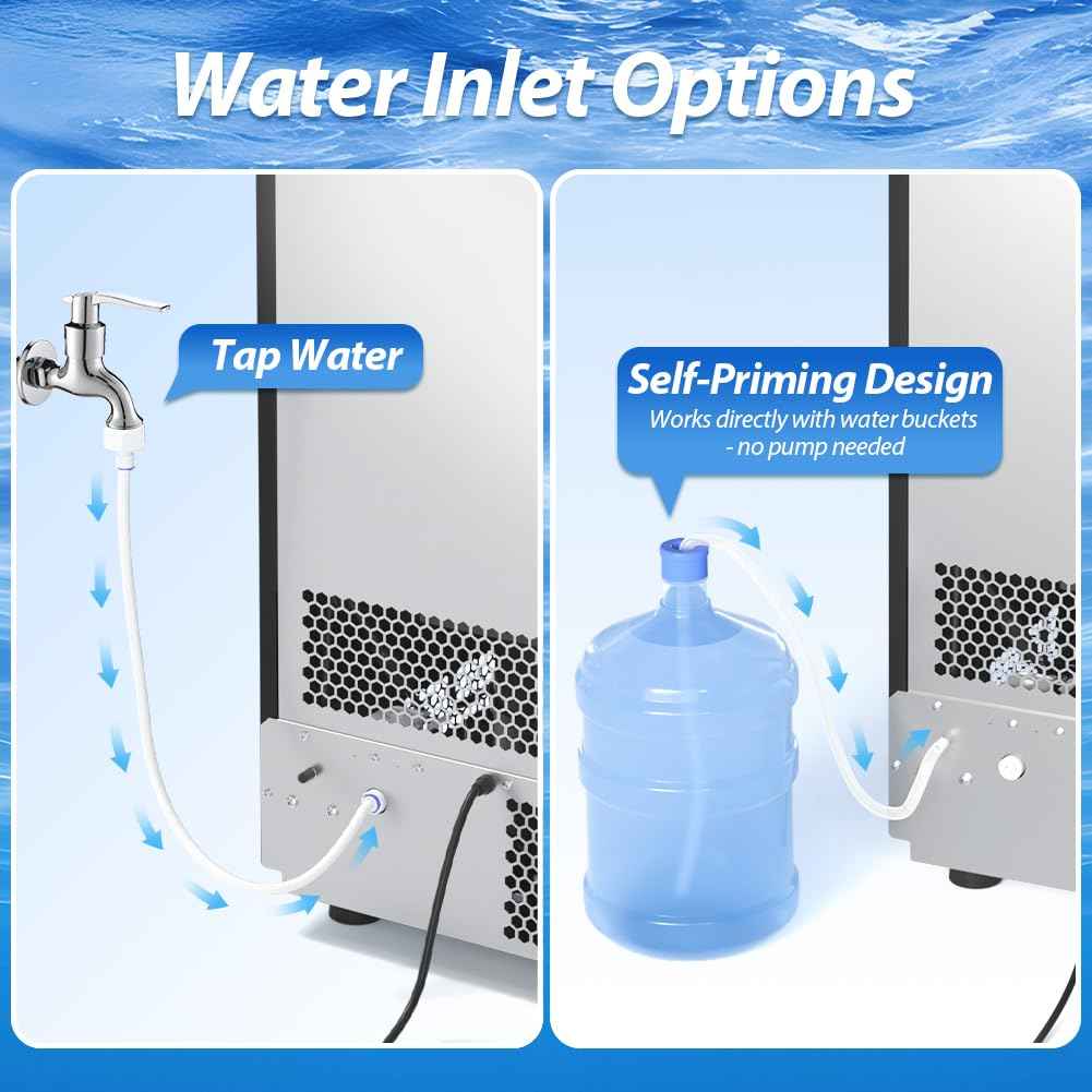Commercial Ice Maker, 100LBS/24H Freestanding Ice Machine with Self-Priming Gallon Water& Facuet Water Inlet, Self-Cleaning, 3 Ice Thickness,16LBs Storage Bin for Home, Office,Garage, Bar, Restraunt
