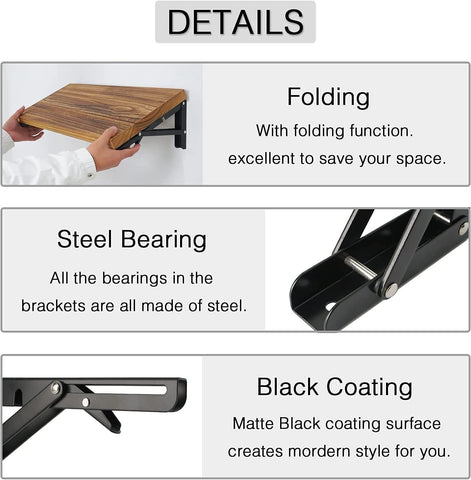 Folding Shelf Brackets 10 inch 8 Pcs - DIY Wall Mounted Shelf Bracket for Garage Workstation, Stuff Supports, Plant Stand - Heavy Duty Metal Collapsible Floating Shelf Bracket Black