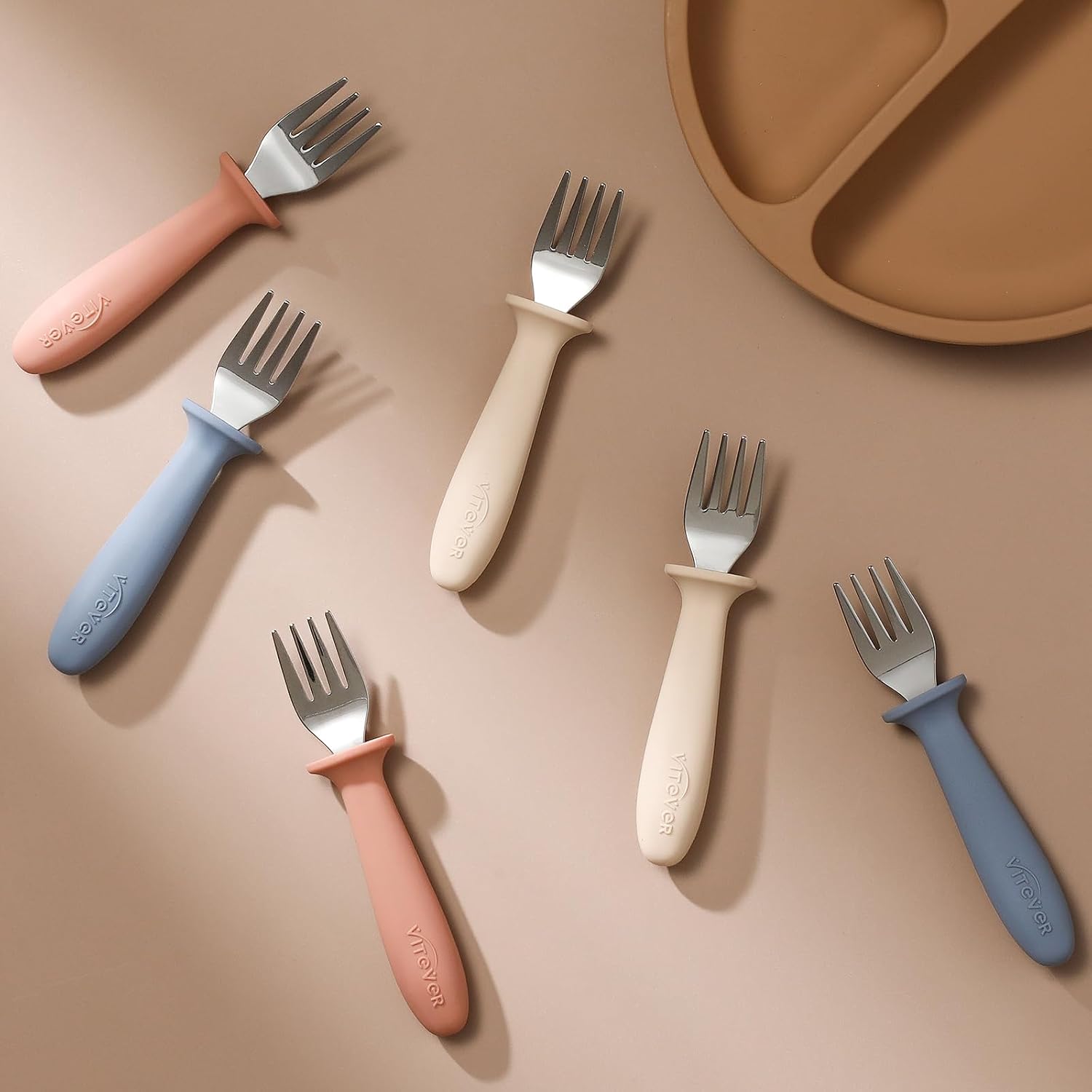 6 Pieces Toddler Forks，Kids Safe Utensils Set with Silicone Round Handle for Self Feeding，18/8 Stainless Steel Baby Forks，Children's Silverware Set BPA Free, Dishwasher Safe