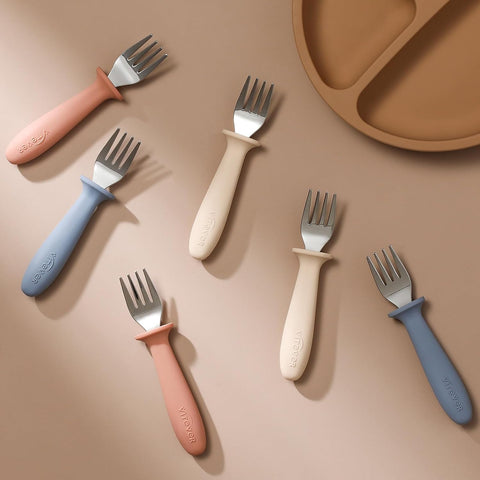 6 Pieces Toddler Forks，Kids Safe Utensils Set with Silicone Round Handle for Self Feeding，18/8 Stainless Steel Baby Forks，Children's Silverware Set BPA Free, Dishwasher Safe