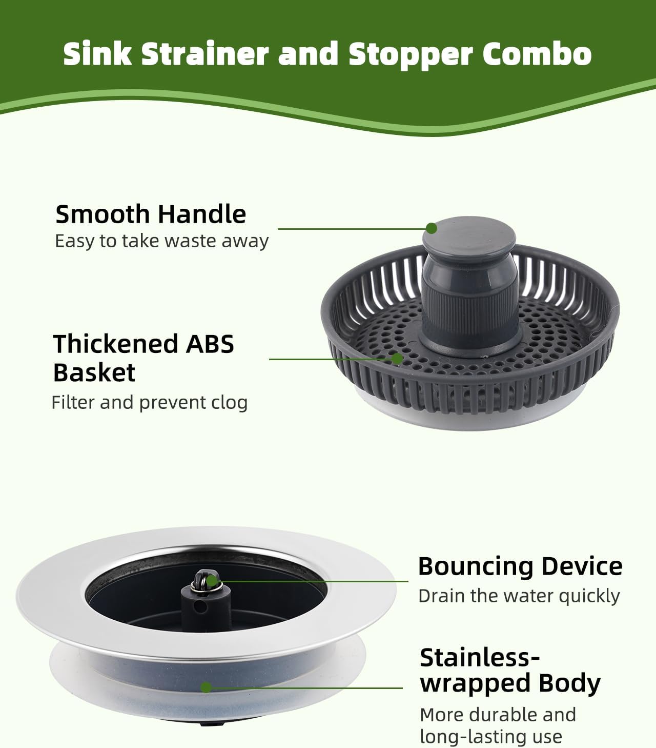 Universal 2PCS Kitchen Sink Strainer Stopper Combo, 3 in 1 Pop Up