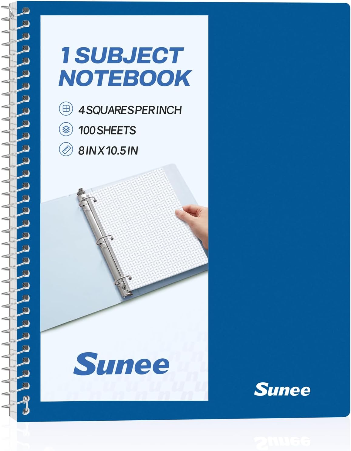 SUNEE Spiral Notebook, 1-Subject, Graph Ruled Paper, 8" x 10-1/2", 100 Sheets per Notebook, 3-Hole Punched Paper, Water Resistant Cover, Spiral Grid Notebooks for Work, Home, School, Dark Blue