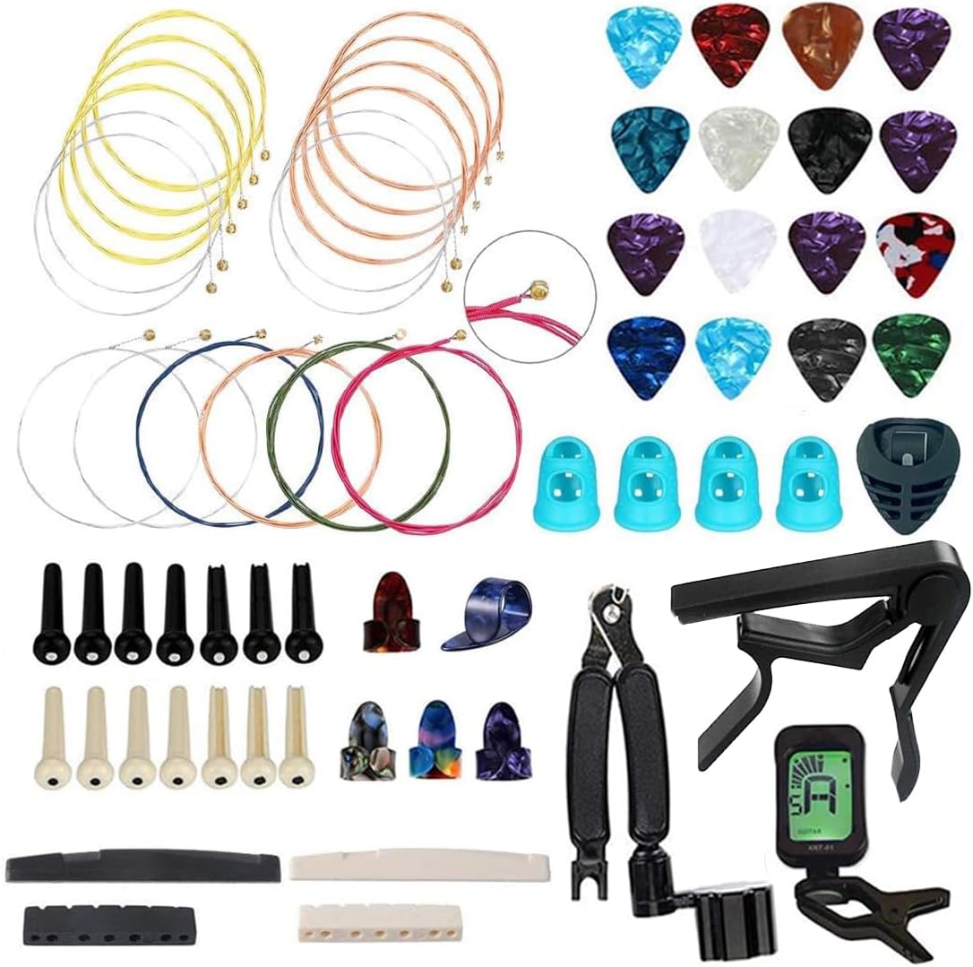 NERECNDENS 66PCS Guitar Accessories Kit, Acoustic Changing Tool, Including Guitar Acoustic Strings, Picks, Capo, String Winder&Cutter, Tuner, Bones, for Players and Beginners