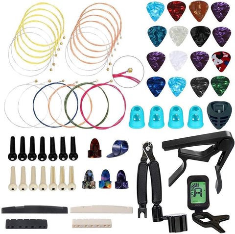 NERECNDENS 66PCS Guitar Accessories Kit, Acoustic Changing Tool, Including Guitar Acoustic Strings, Picks, Capo, String Winder&Cutter, Tuner, Bones, for Players and Beginners