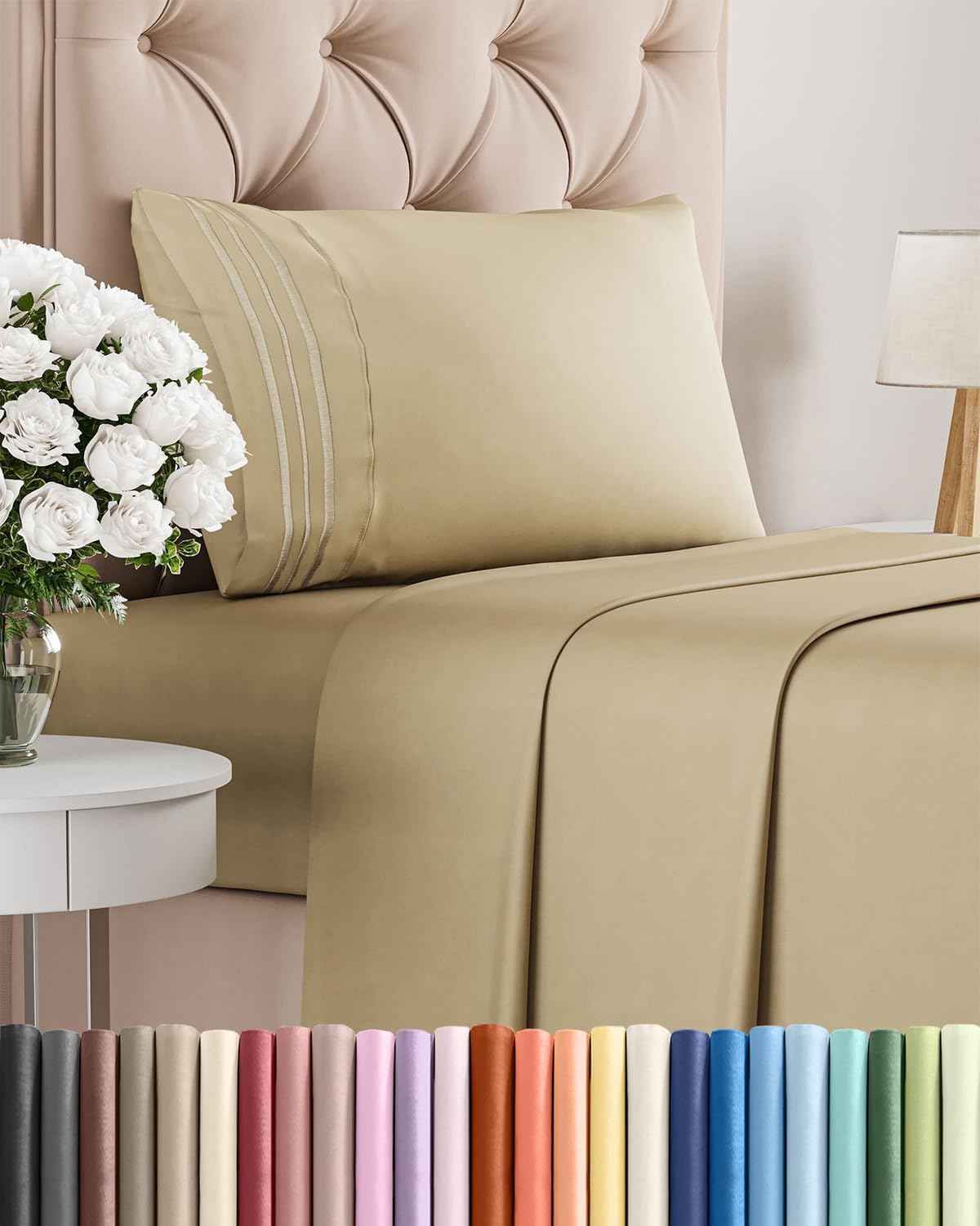 Twin Size 3 Piece Sheet Set - Comfy Breathable & Cooling Sheets - Beige