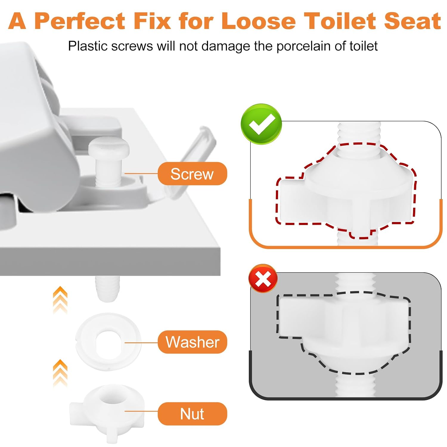 4 Pcs Toilet Seat Screws, Including Plastic Bolts, Nuts and Washers, Durable Toilet Lid Bolts Replacement Kit to Fix Loose Top, Sleek 3-in-1 Fasteners Floor Bolts & Washer Sets